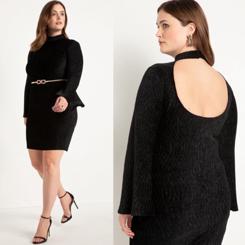 Eloquii Bell Sleeve Black Velvet Cocktail Dress
